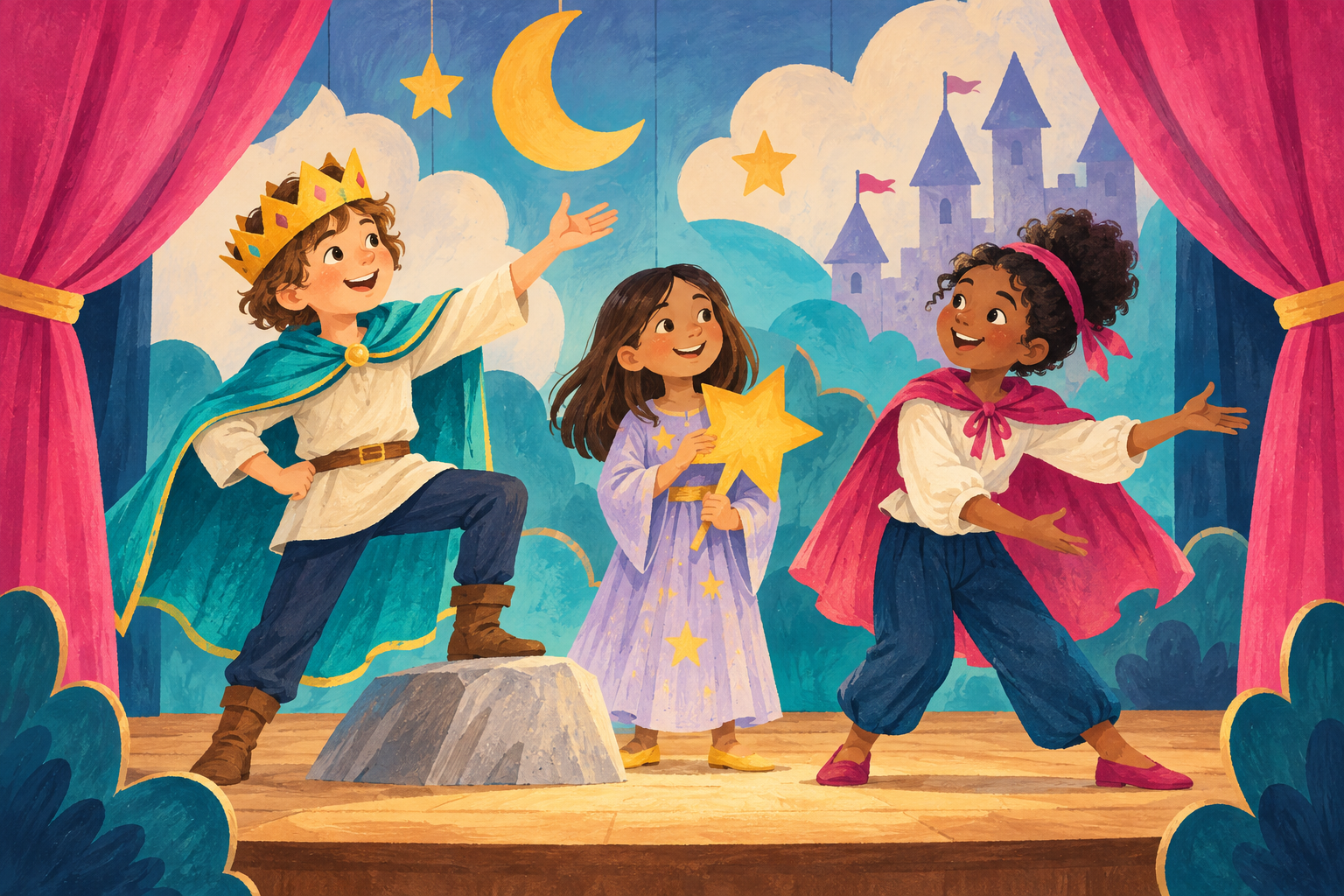 Illustrazione di bambini che recitano su un palco