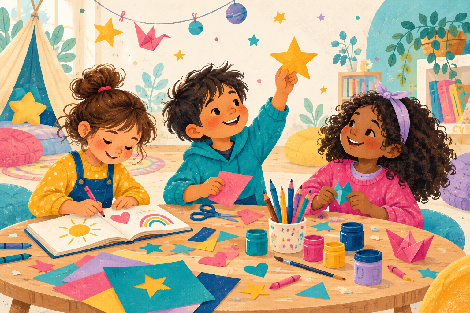 Illustrazione di bambini durante un laboratorio creativo